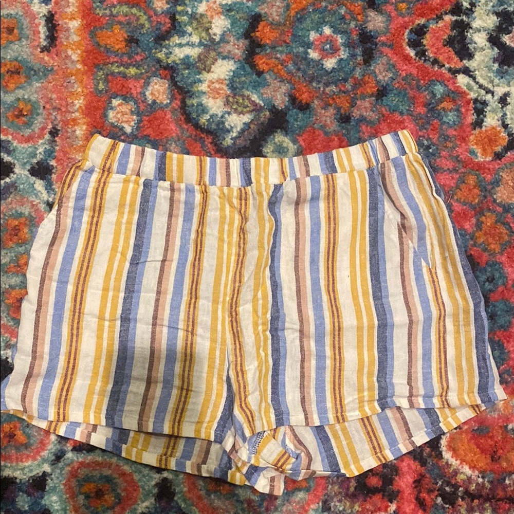 Forever 21 Linen Striped Shorts - Yellow and Blue
